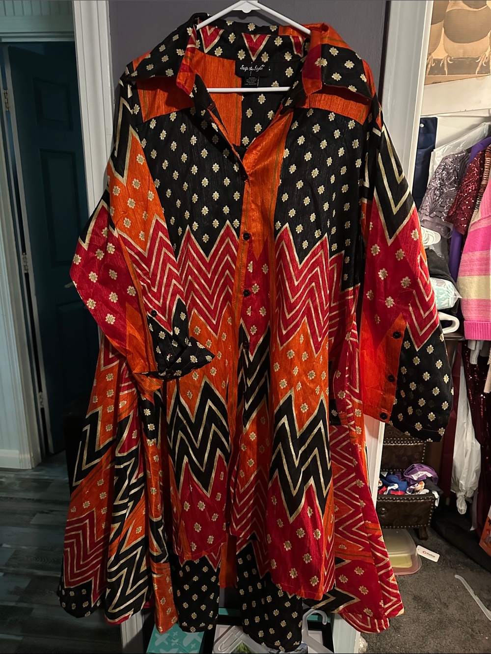 Chevron-Print Maxi Dress in Black, Orange & Pink